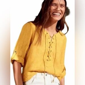 Maeve by Anthropologie Mustard Yellow Linen Lace-Up Top Size Small